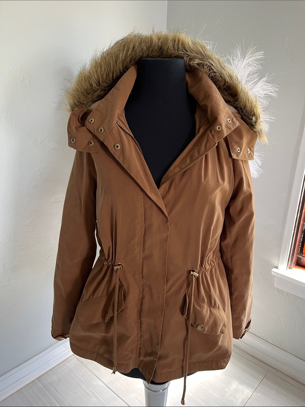 iris Brown Utility Parka Jacket with Faux Fur Hood
